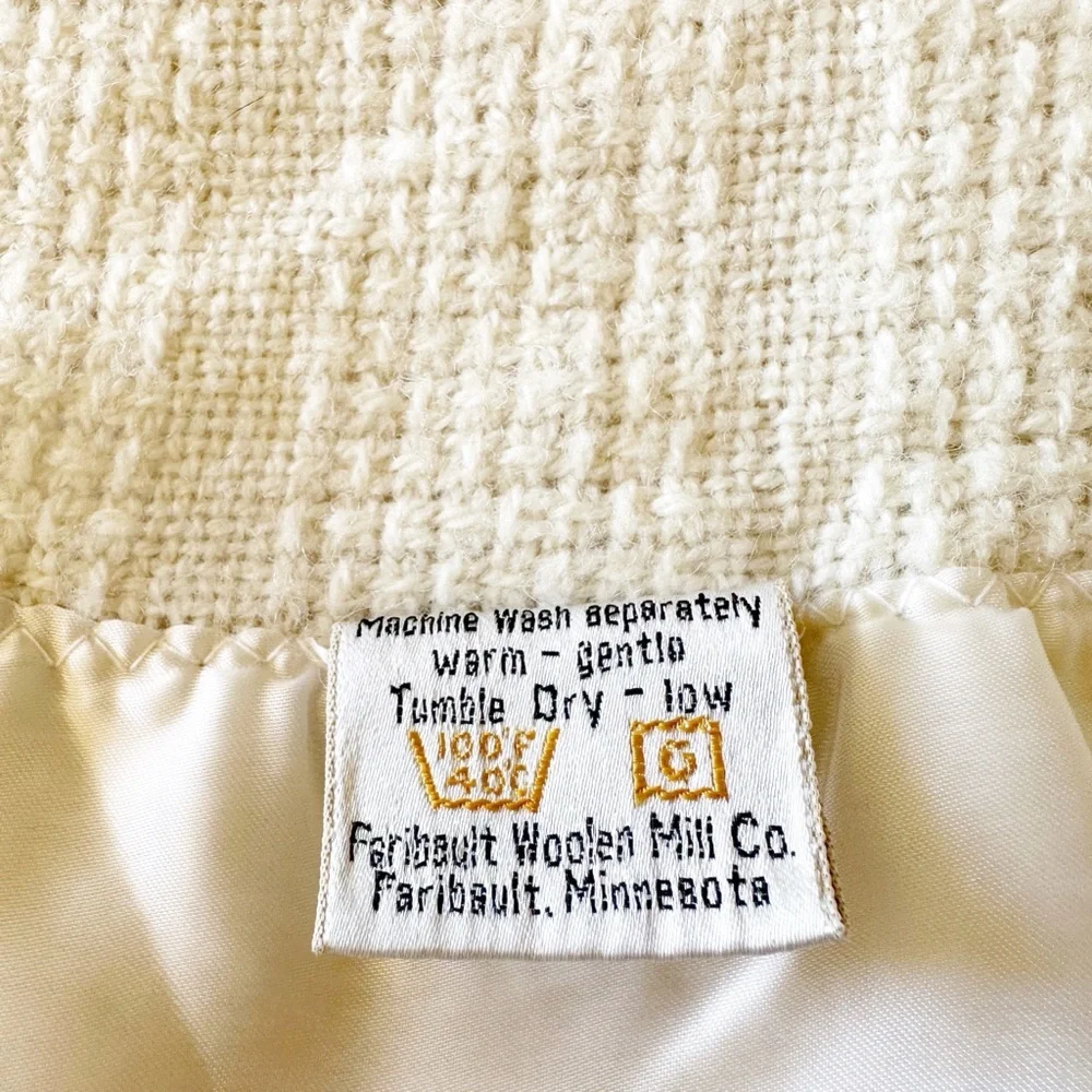 Vintage Faribo Wool & Acrylic Blanket Ivory Satin Trim Twin